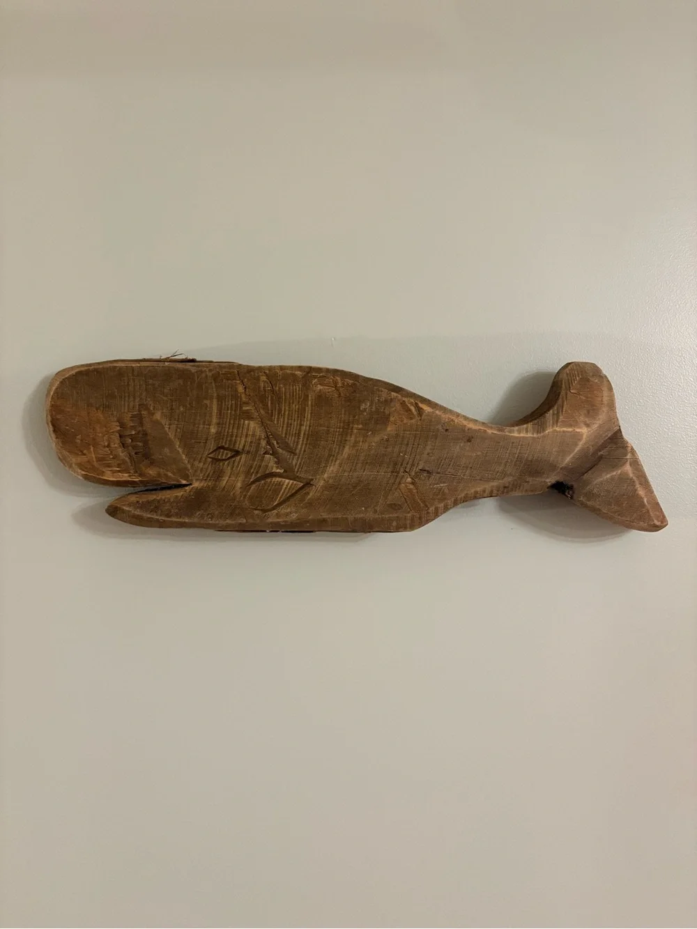 ⁠Hand Carved Wooden Sperm Whale Wall Hanging Rustic Barn Wood Coastal Folk Art